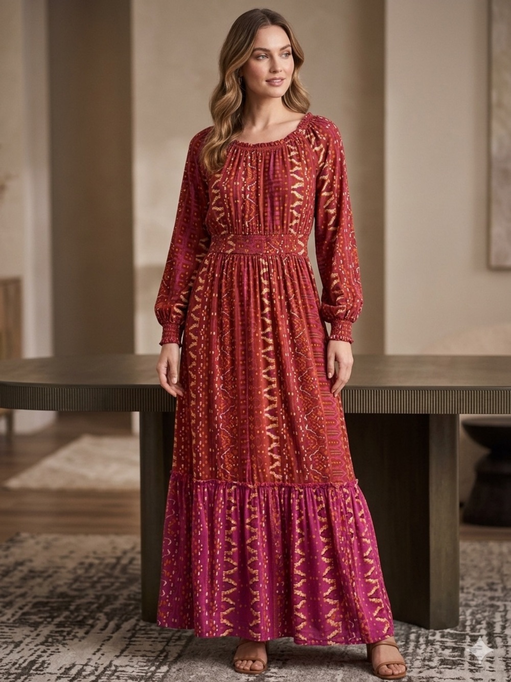 Knox Rose Rust and Magenta Printed Long Sleeve Maxi Dress